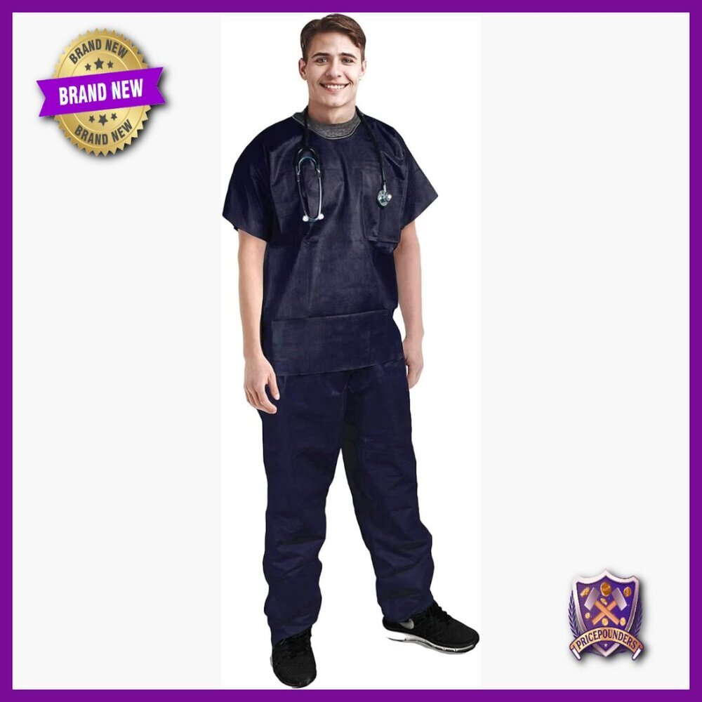 Medium Disposable Medical Scrub Set with Pockets, V-Neck Top & Drawstring Pants
